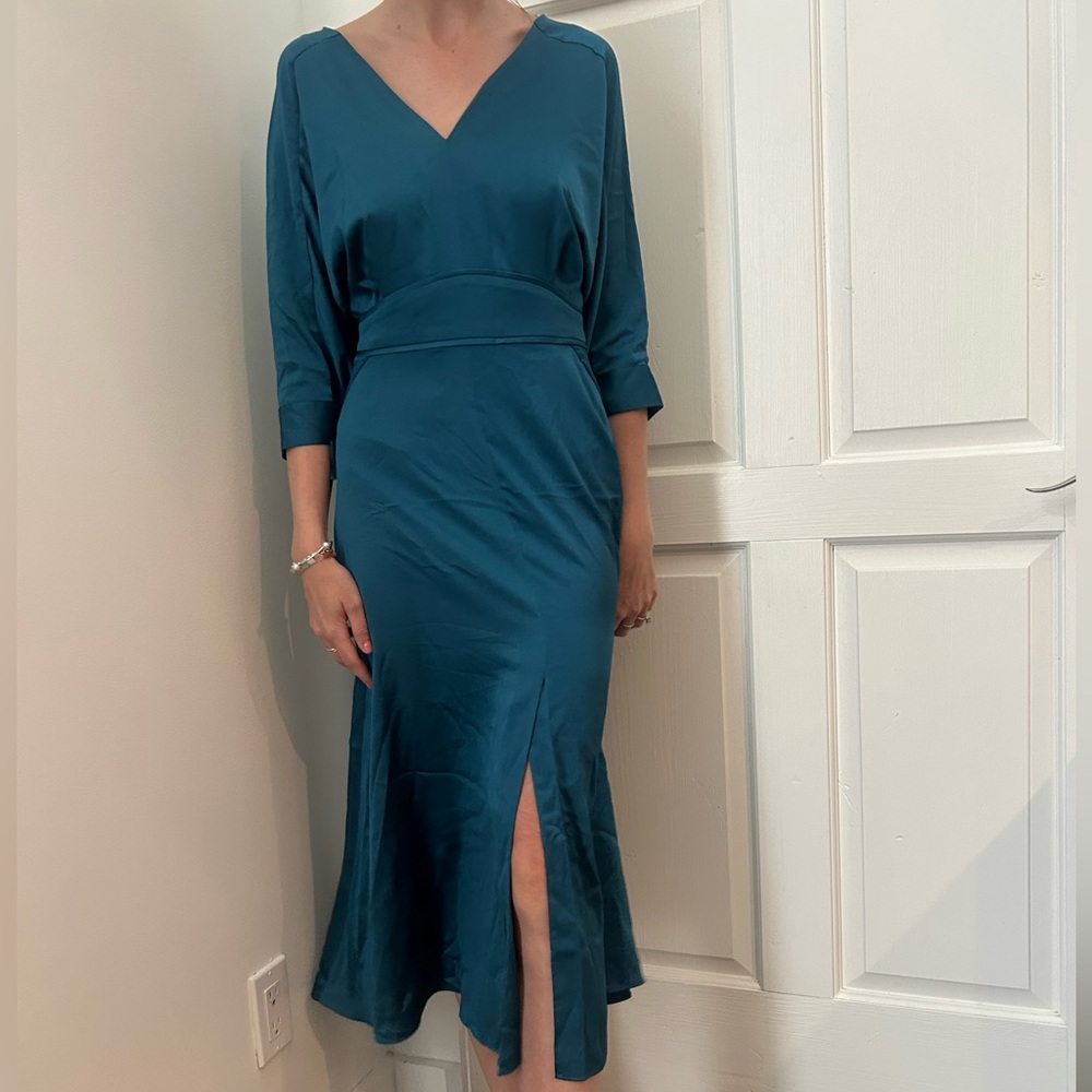 Maje Blue Wrap Midi Dress with V-Neck and Slit
